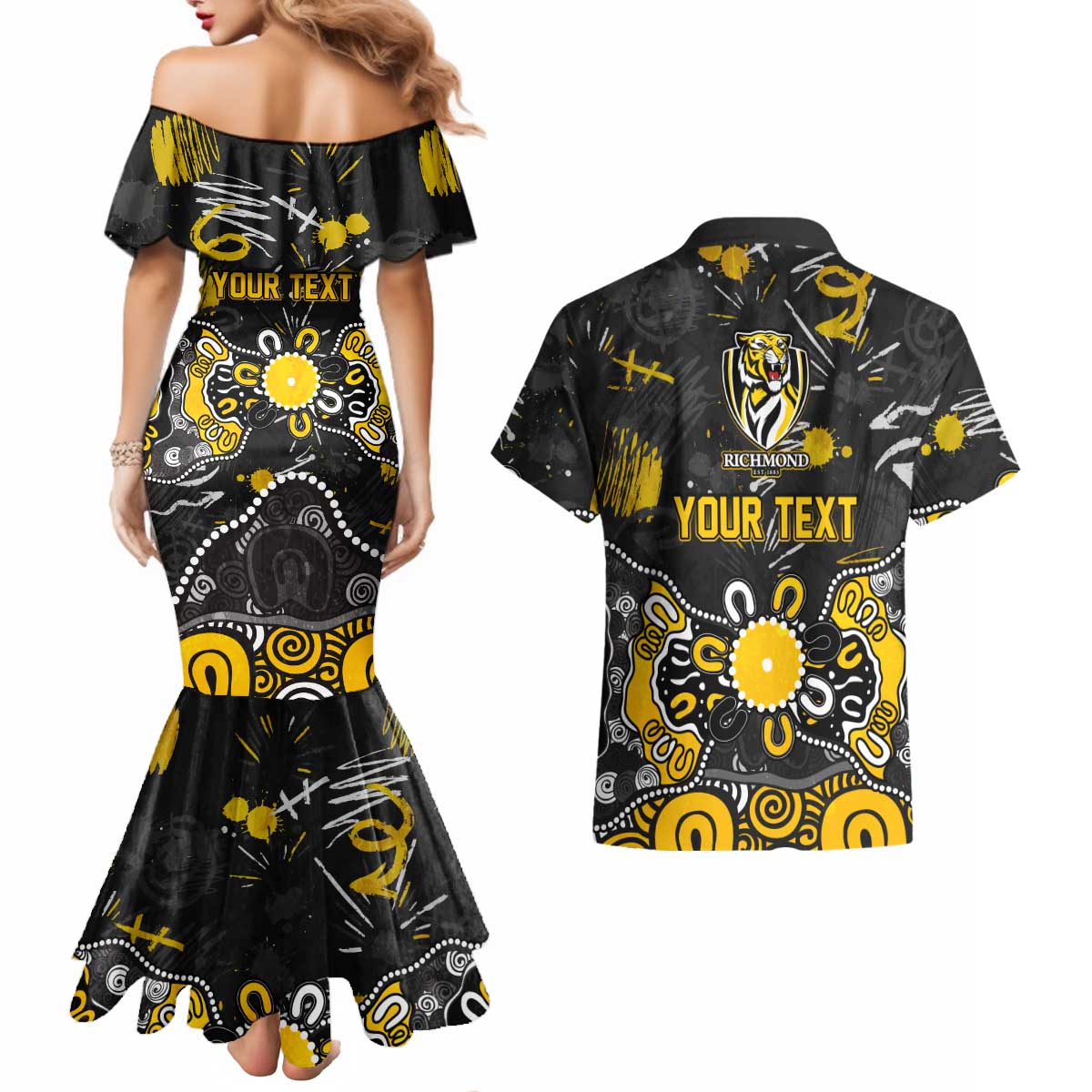 Personalized Richmond Tigers Couples Matching Mermaid Dress and Hawaiian Shirt Aboriginal Dot Painting Graffiti Style