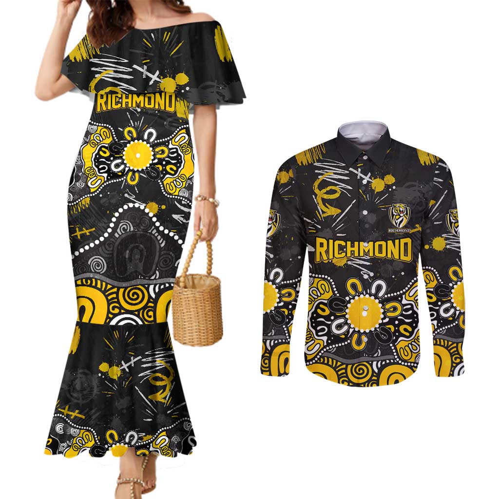 Personalized Richmond Tigers Couples Matching Mermaid Dress and Long Sleeve Button Shirt Aboriginal Dot Painting Graffiti Style