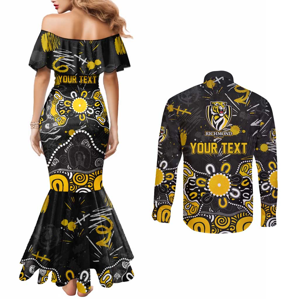 Personalized Richmond Tigers Couples Matching Mermaid Dress and Long Sleeve Button Shirt Aboriginal Dot Painting Graffiti Style