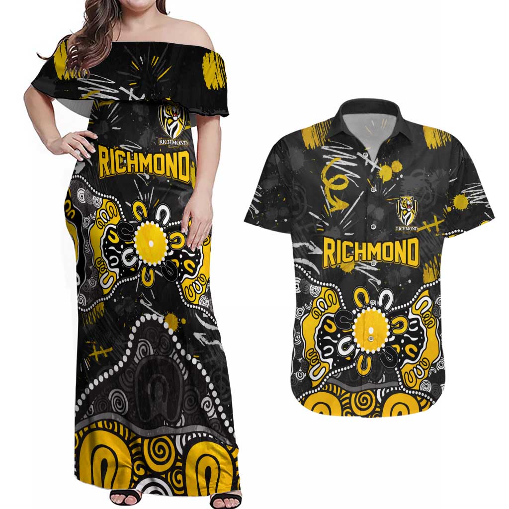 Personalized Richmond Tigers Couples Matching Off Shoulder Maxi Dress and Hawaiian Shirt Aboriginal Dot Painting Graffiti Style