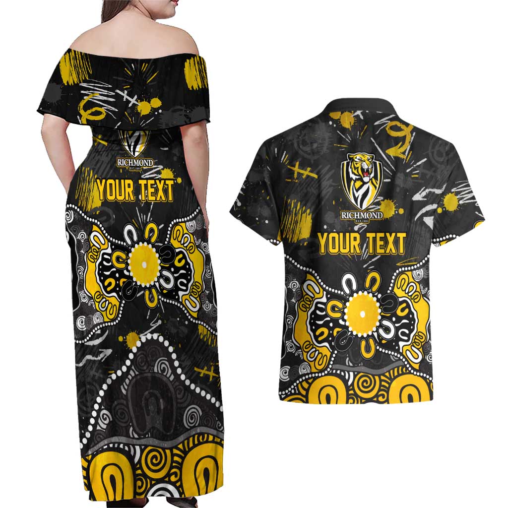 Personalized Richmond Tigers Couples Matching Off Shoulder Maxi Dress and Hawaiian Shirt Aboriginal Dot Painting Graffiti Style