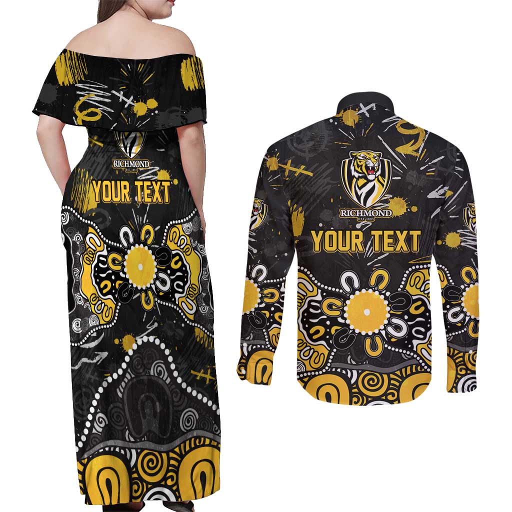Personalized Richmond Tigers Couples Matching Off Shoulder Maxi Dress and Long Sleeve Button Shirt Aboriginal Dot Painting Graffiti Style