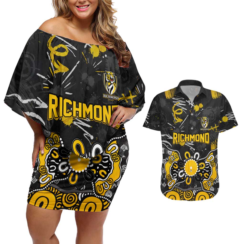 Personalized Richmond Tigers Couples Matching Off Shoulder Short Dress and Hawaiian Shirt Aboriginal Dot Painting Graffiti Style
