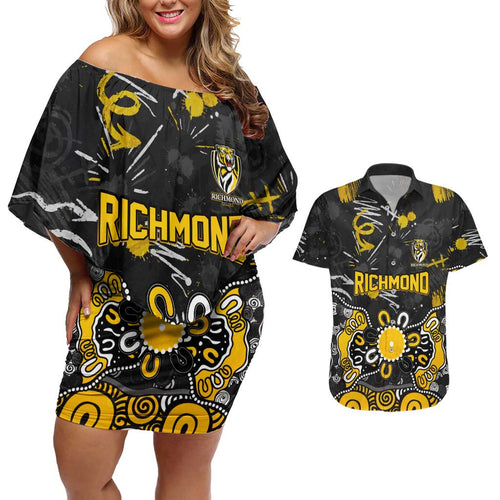 Personalized Richmond Tigers Couples Matching Off Shoulder Short Dress and Hawaiian Shirt Aboriginal Dot Painting Graffiti Style