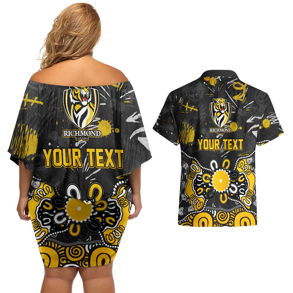 Personalized Richmond Tigers Couples Matching Off Shoulder Short Dress and Hawaiian Shirt Aboriginal Dot Painting Graffiti Style