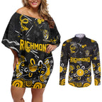 Personalized Richmond Tigers Couples Matching Off Shoulder Short Dress and Long Sleeve Button Shirt Aboriginal Dot Painting Graffiti Style