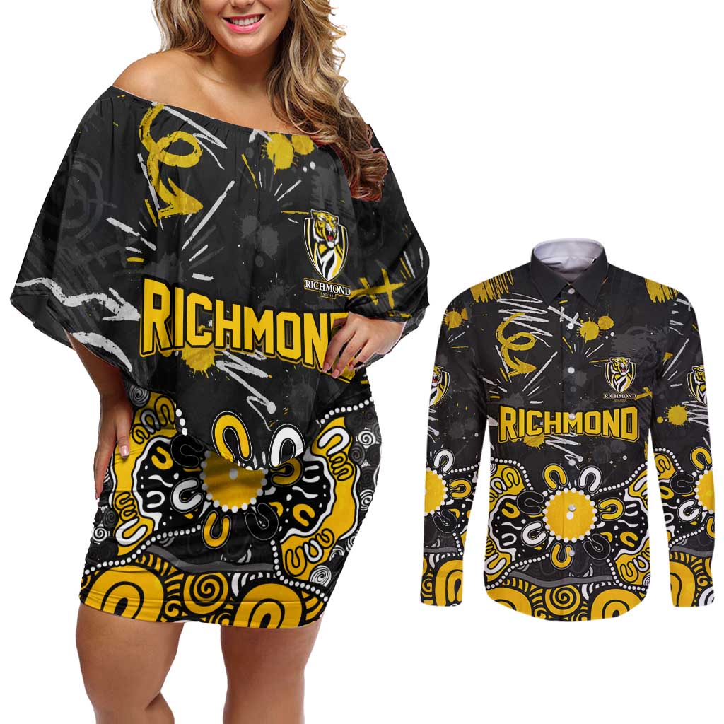 Personalized Richmond Tigers Couples Matching Off Shoulder Short Dress and Long Sleeve Button Shirt Aboriginal Dot Painting Graffiti Style
