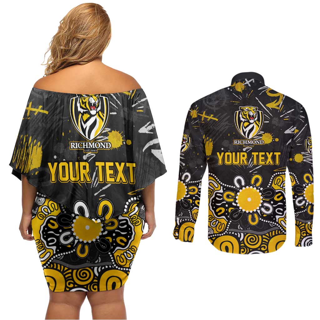 Personalized Richmond Tigers Couples Matching Off Shoulder Short Dress and Long Sleeve Button Shirt Aboriginal Dot Painting Graffiti Style