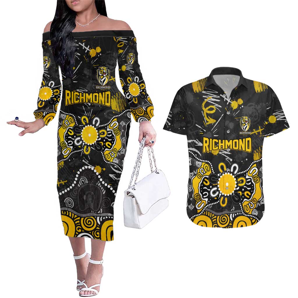 Personalized Richmond Tigers Couples Matching Off The Shoulder Long Sleeve Dress and Hawaiian Shirt Aboriginal Dot Painting Graffiti Style