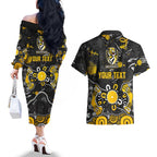 Personalized Richmond Tigers Couples Matching Off The Shoulder Long Sleeve Dress and Hawaiian Shirt Aboriginal Dot Painting Graffiti Style