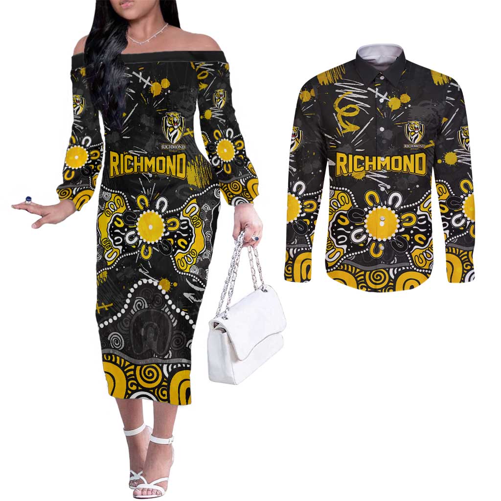 Personalized Richmond Tigers Couples Matching Off The Shoulder Long Sleeve Dress and Long Sleeve Button Shirt Aboriginal Dot Painting Graffiti Style