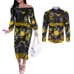 Personalized Richmond Tigers Couples Matching Off The Shoulder Long Sleeve Dress and Long Sleeve Button Shirt Aboriginal Dot Painting Graffiti Style