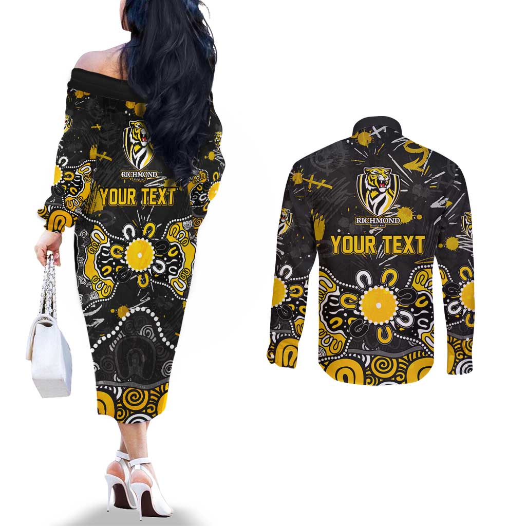 Personalized Richmond Tigers Couples Matching Off The Shoulder Long Sleeve Dress and Long Sleeve Button Shirt Aboriginal Dot Painting Graffiti Style