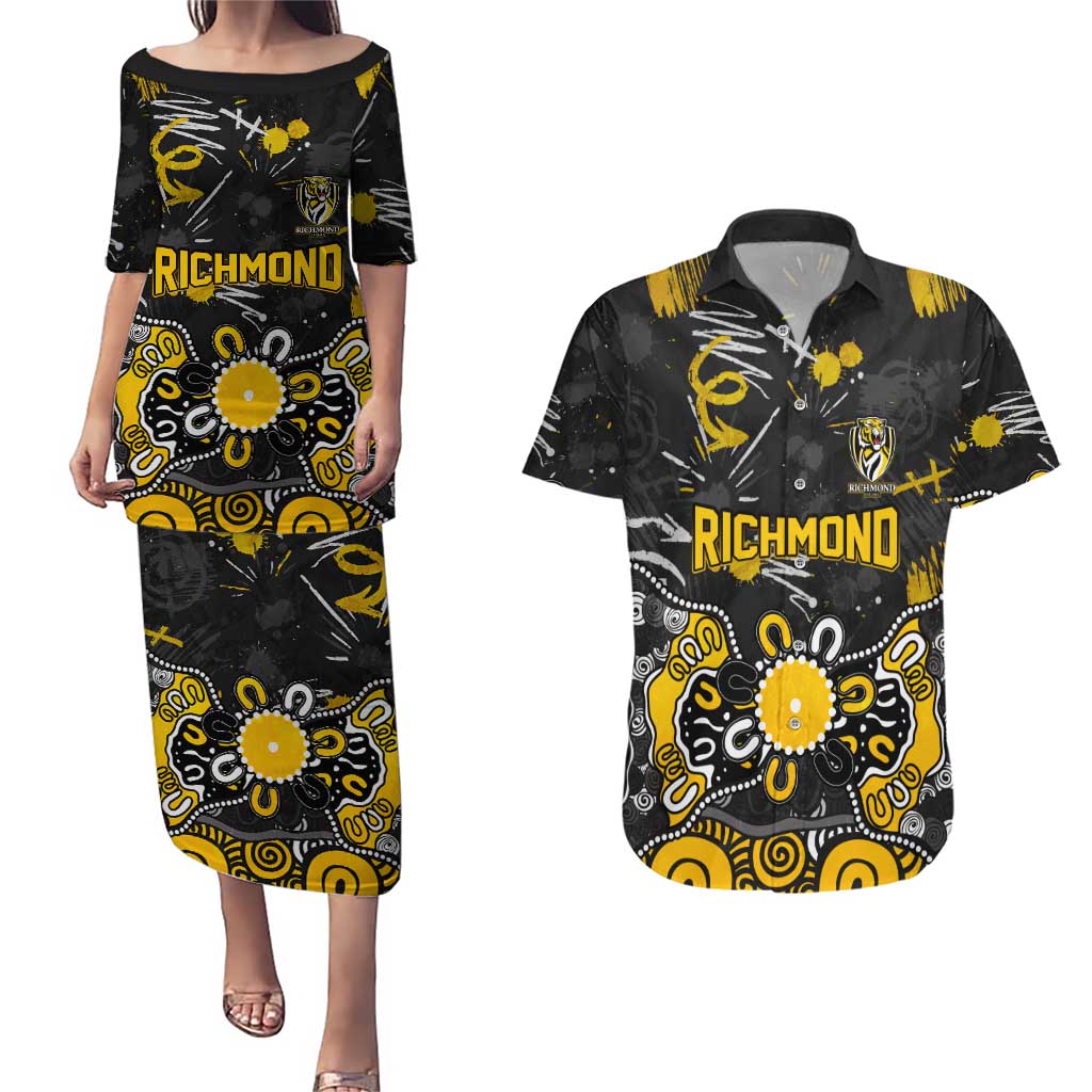 Personalized Richmond Tigers Couples Matching Puletasi and Hawaiian Shirt Aboriginal Dot Painting Graffiti Style
