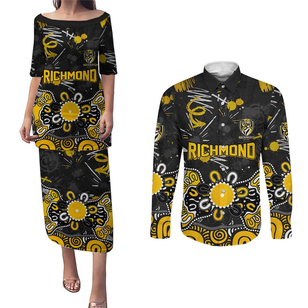 Personalized Richmond Tigers Couples Matching Puletasi and Long Sleeve Button Shirt Aboriginal Dot Painting Graffiti Style