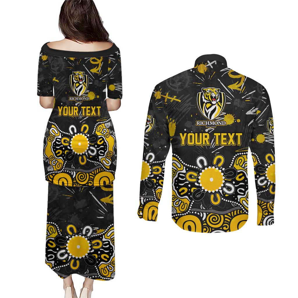 Personalized Richmond Tigers Couples Matching Puletasi and Long Sleeve Button Shirt Aboriginal Dot Painting Graffiti Style