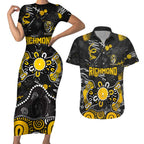 Personalized Richmond Tigers Couples Matching Short Sleeve Bodycon Dress and Hawaiian Shirt Aboriginal Dot Painting Graffiti Style