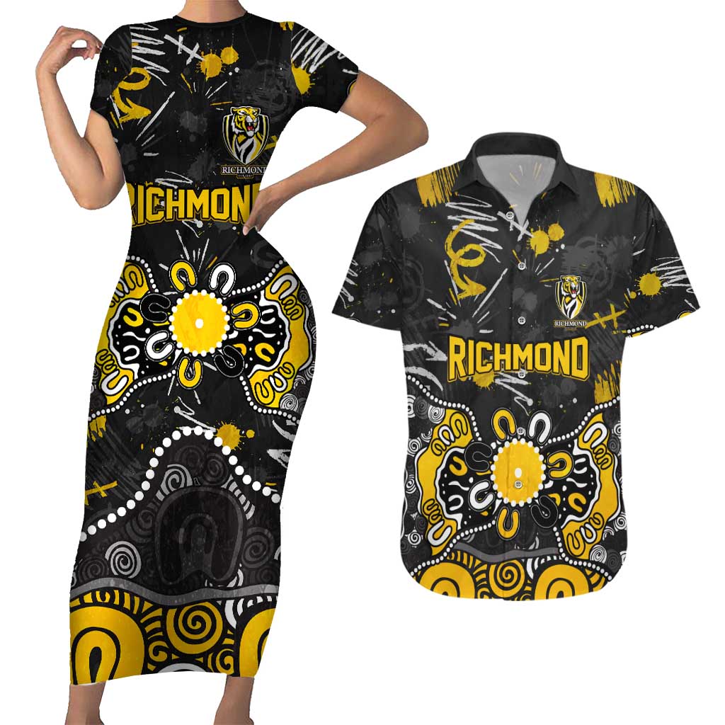 Personalized Richmond Tigers Couples Matching Short Sleeve Bodycon Dress and Hawaiian Shirt Aboriginal Dot Painting Graffiti Style
