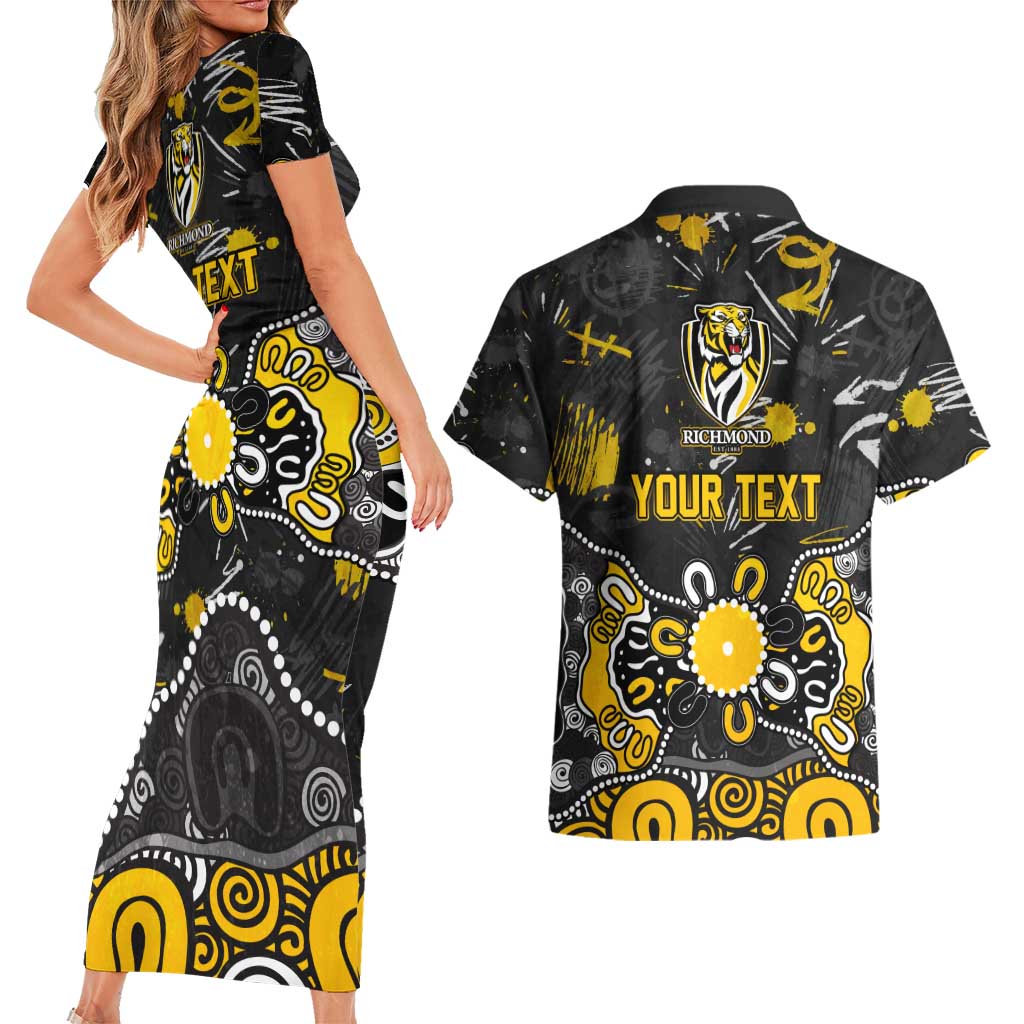 Personalized Richmond Tigers Couples Matching Short Sleeve Bodycon Dress and Hawaiian Shirt Aboriginal Dot Painting Graffiti Style