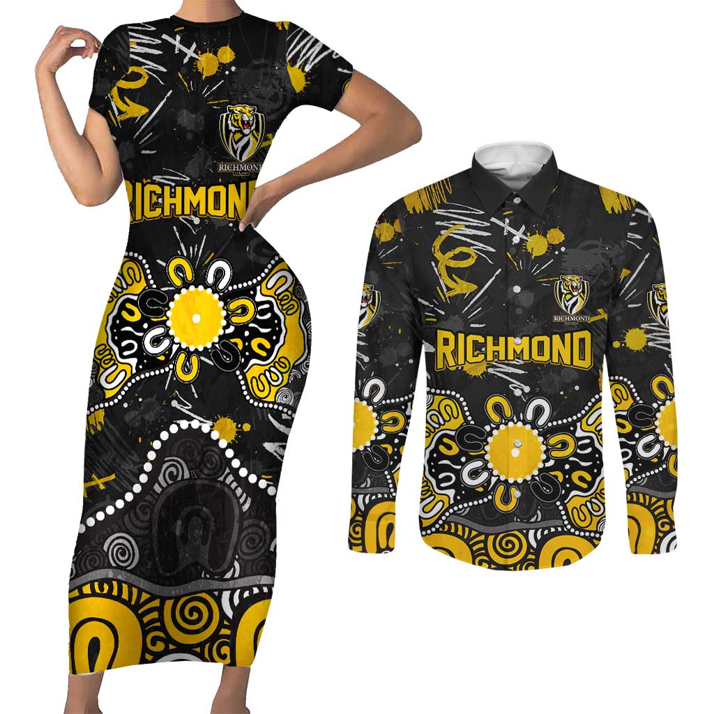 Personalized Richmond Tigers Couples Matching Short Sleeve Bodycon Dress and Long Sleeve Button Shirt Aboriginal Dot Painting Graffiti Style