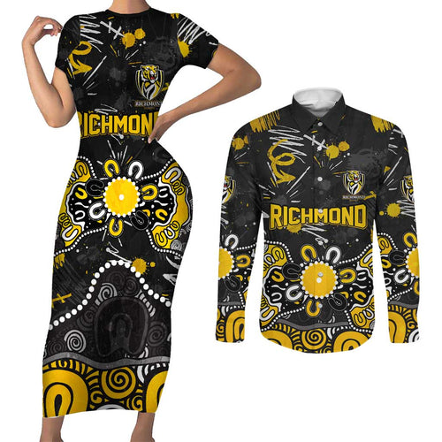Personalized Richmond Tigers Couples Matching Short Sleeve Bodycon Dress and Long Sleeve Button Shirt Aboriginal Dot Painting Graffiti Style