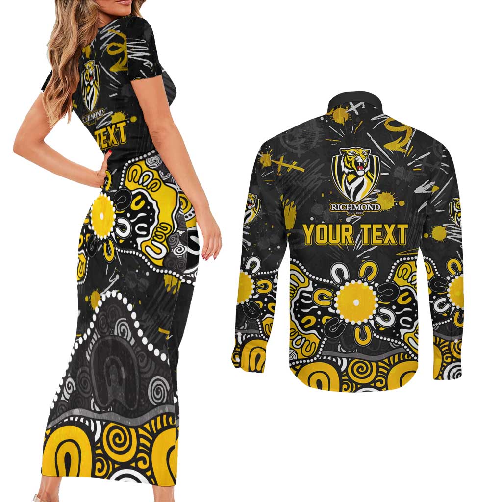 Personalized Richmond Tigers Couples Matching Short Sleeve Bodycon Dress and Long Sleeve Button Shirt Aboriginal Dot Painting Graffiti Style