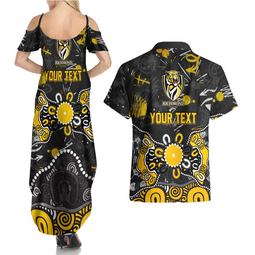 Personalized Richmond Tigers Couples Matching Summer Maxi Dress and Hawaiian Shirt Aboriginal Dot Painting Graffiti Style