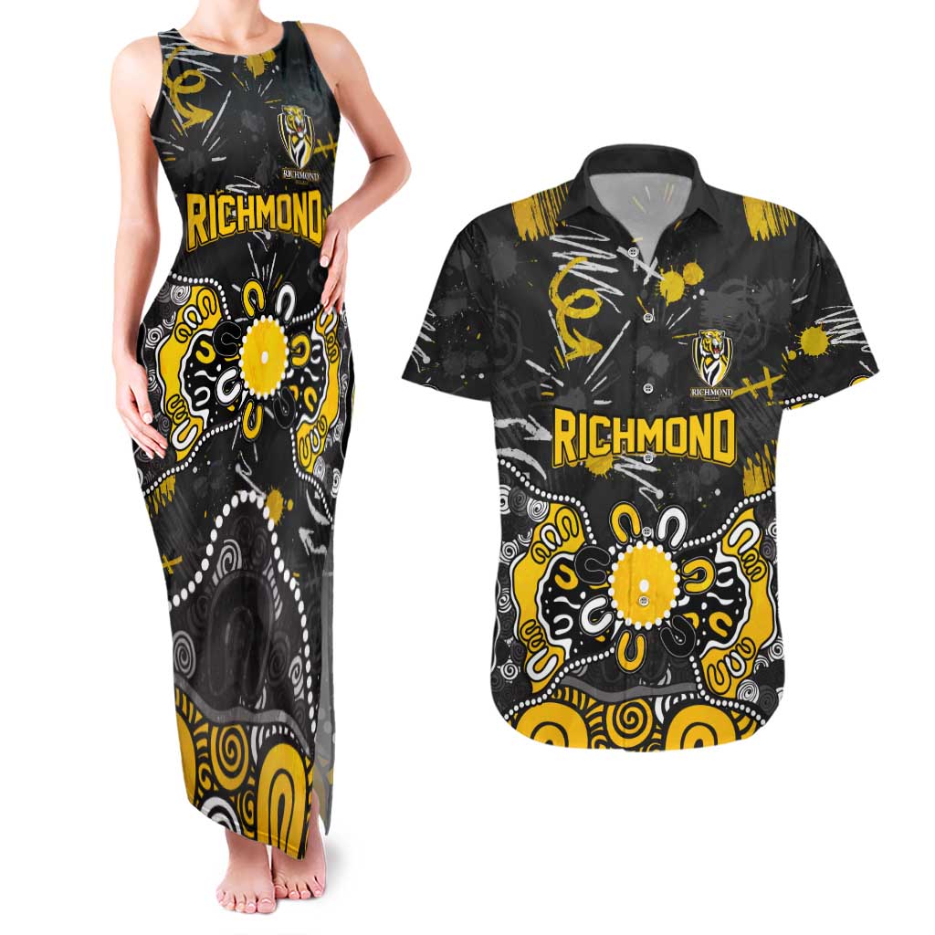 Personalized Richmond Tigers Couples Matching Tank Maxi Dress and Hawaiian Shirt Aboriginal Dot Painting Graffiti Style