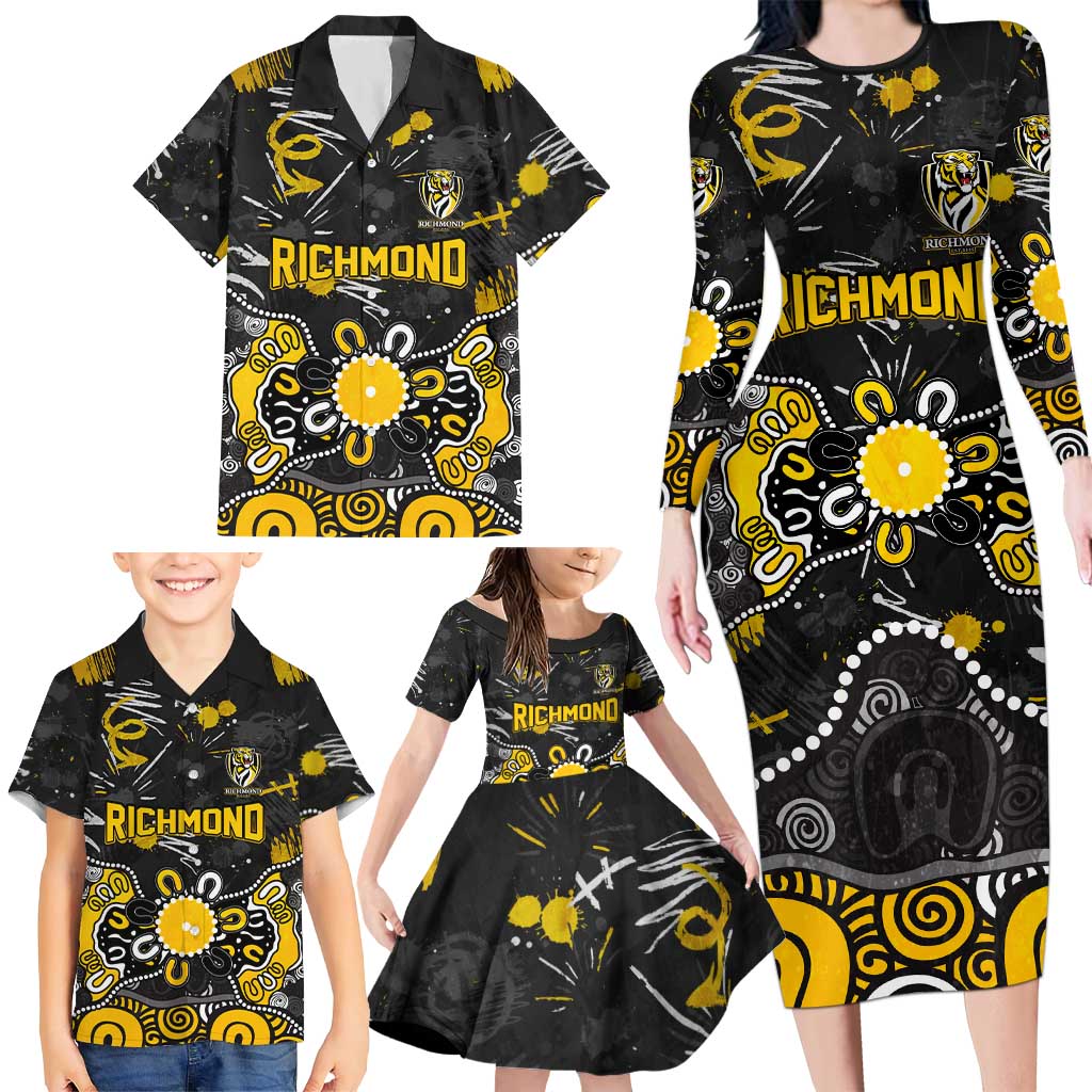 Personalized Richmond Tigers Family Matching Long Sleeve Bodycon Dress and Hawaiian Shirt Aboriginal Dot Painting Graffiti Style
