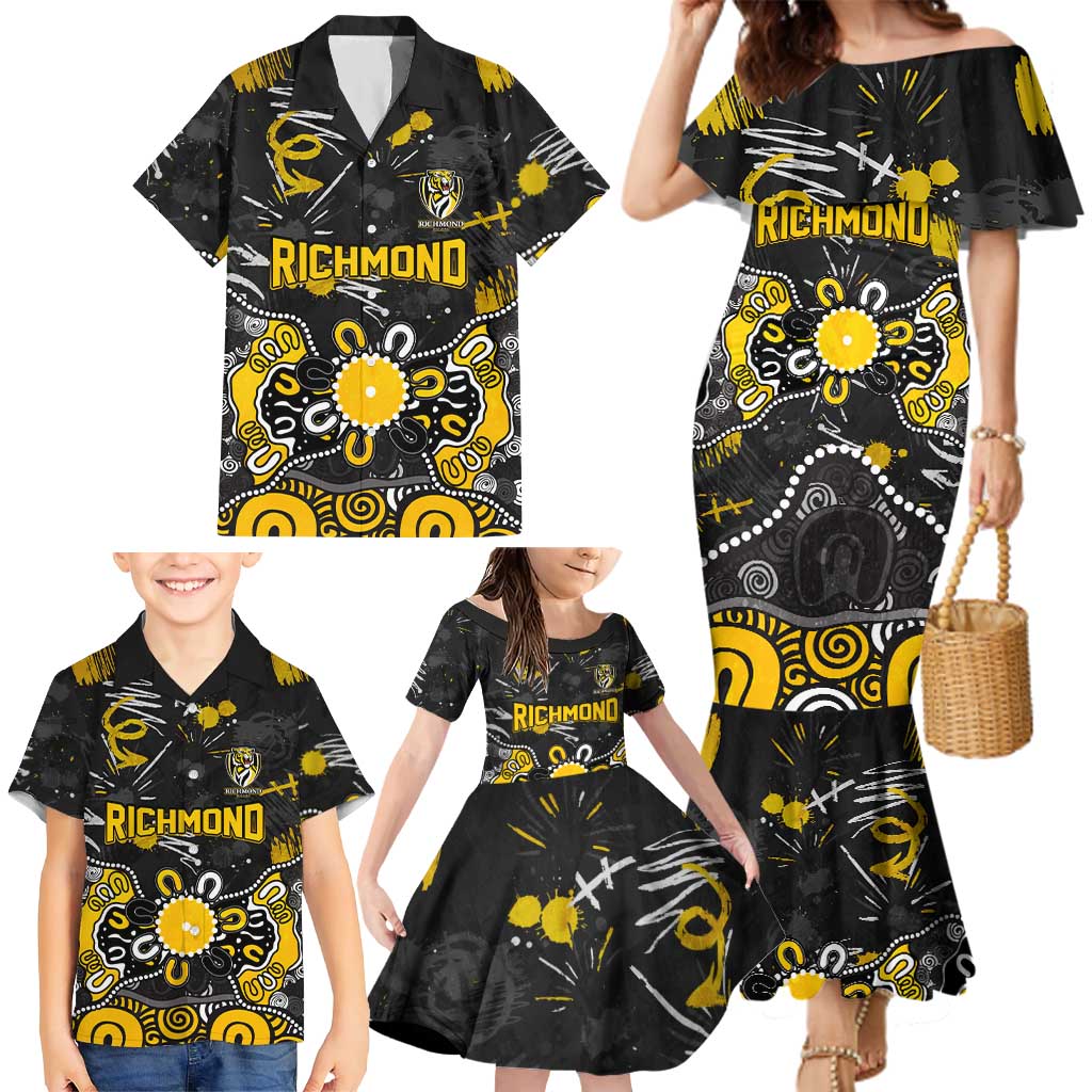 Personalized Richmond Tigers Family Matching Mermaid Dress and Hawaiian Shirt Aboriginal Dot Painting Graffiti Style