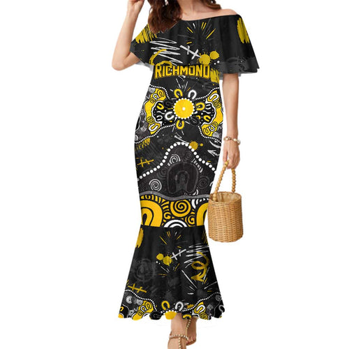 Personalized Richmond Tigers Family Matching Mermaid Dress and Hawaiian Shirt Aboriginal Dot Painting Graffiti Style