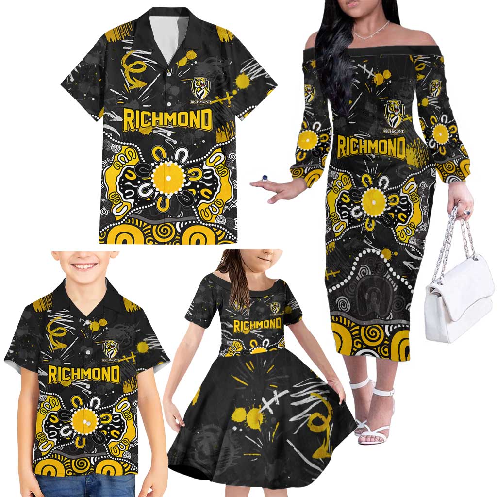 Personalized Richmond Tigers Family Matching Off The Shoulder Long Sleeve Dress and Hawaiian Shirt Aboriginal Dot Painting Graffiti Style