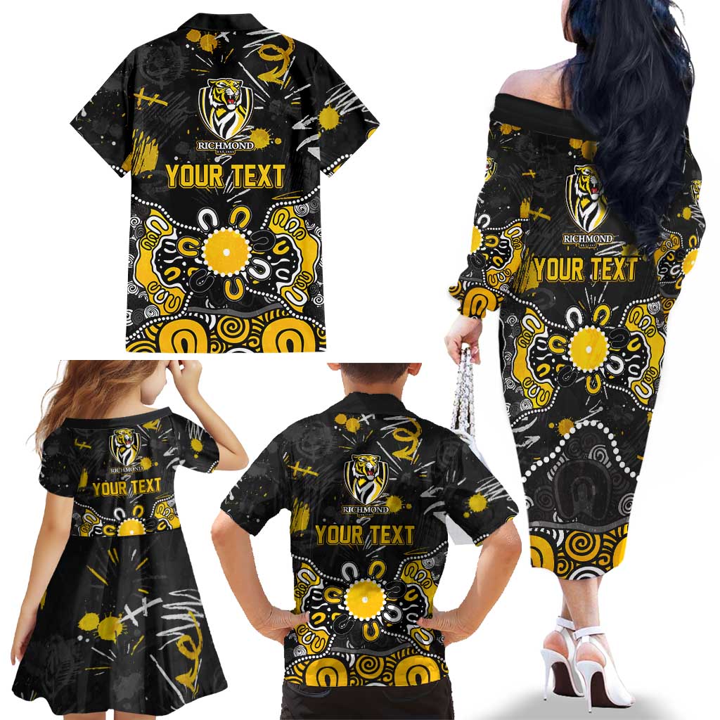 Personalized Richmond Tigers Family Matching Off The Shoulder Long Sleeve Dress and Hawaiian Shirt Aboriginal Dot Painting Graffiti Style