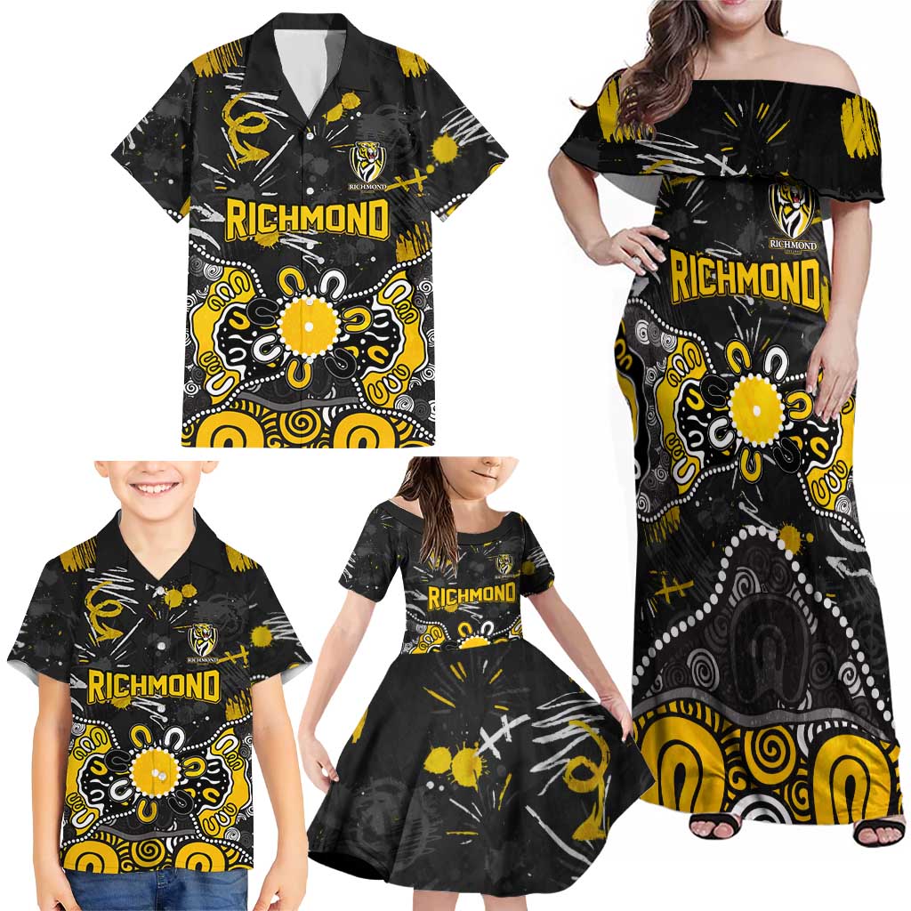 Personalized Richmond Tigers Family Matching Off Shoulder Maxi Dress and Hawaiian Shirt Aboriginal Dot Painting Graffiti Style