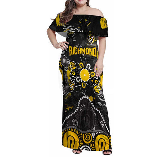 Personalized Richmond Tigers Family Matching Off Shoulder Maxi Dress and Hawaiian Shirt Aboriginal Dot Painting Graffiti Style