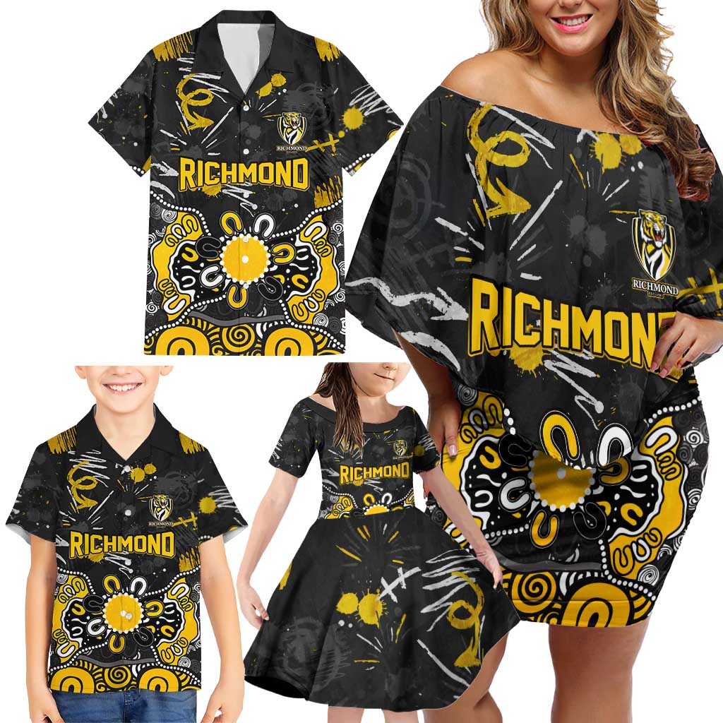 Personalized Richmond Tigers Family Matching Off Shoulder Short Dress and Hawaiian Shirt Aboriginal Dot Painting Graffiti Style