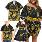 Personalized Richmond Tigers Family Matching Off Shoulder Short Dress and Hawaiian Shirt Aboriginal Dot Painting Graffiti Style