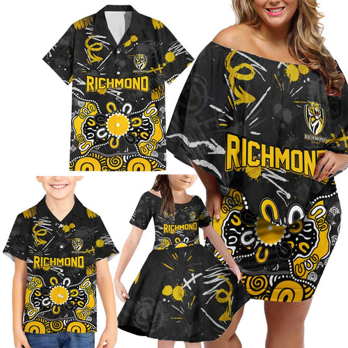 Personalized Richmond Tigers Family Matching Off Shoulder Short Dress and Hawaiian Shirt Aboriginal Dot Painting Graffiti Style
