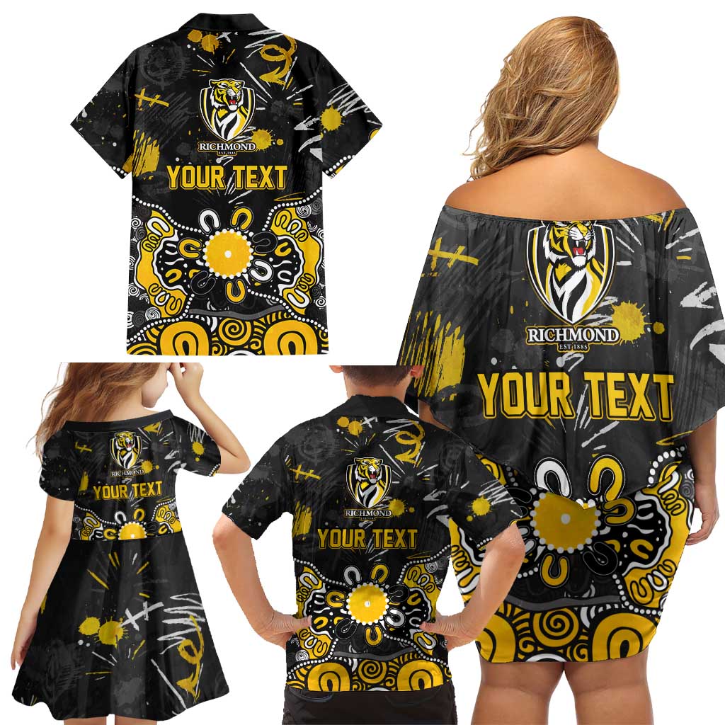 Personalized Richmond Tigers Family Matching Off Shoulder Short Dress and Hawaiian Shirt Aboriginal Dot Painting Graffiti Style