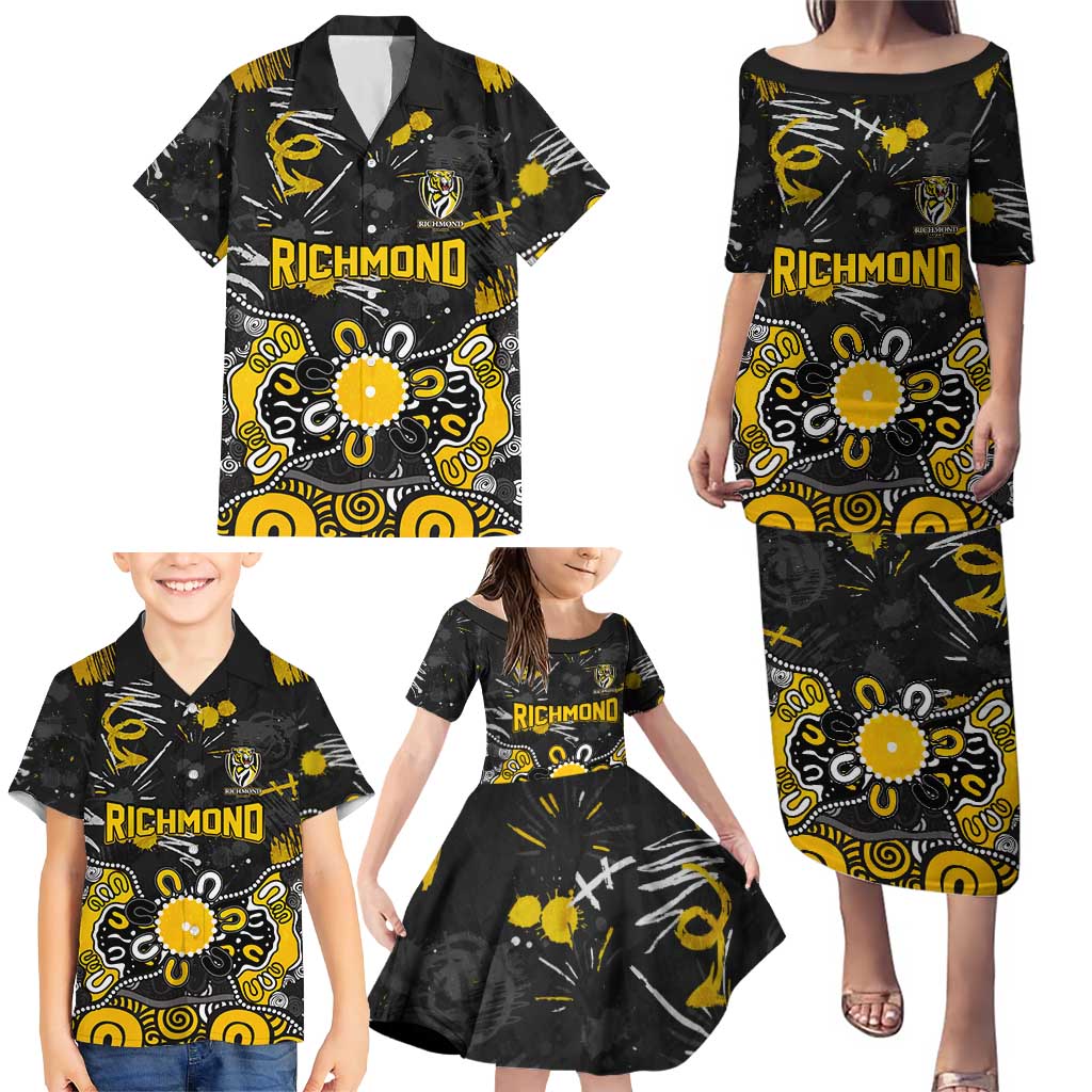 Personalized Richmond Tigers Family Matching Puletasi and Hawaiian Shirt Aboriginal Dot Painting Graffiti Style