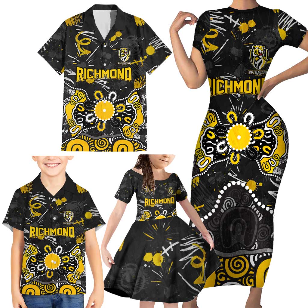 Personalized Richmond Tigers Family Matching Short Sleeve Bodycon Dress and Hawaiian Shirt Aboriginal Dot Painting Graffiti Style