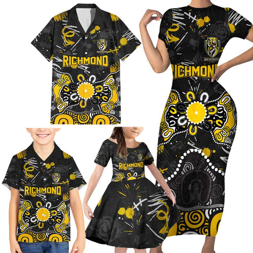 Personalized Richmond Tigers Family Matching Short Sleeve Bodycon Dress and Hawaiian Shirt Aboriginal Dot Painting Graffiti Style