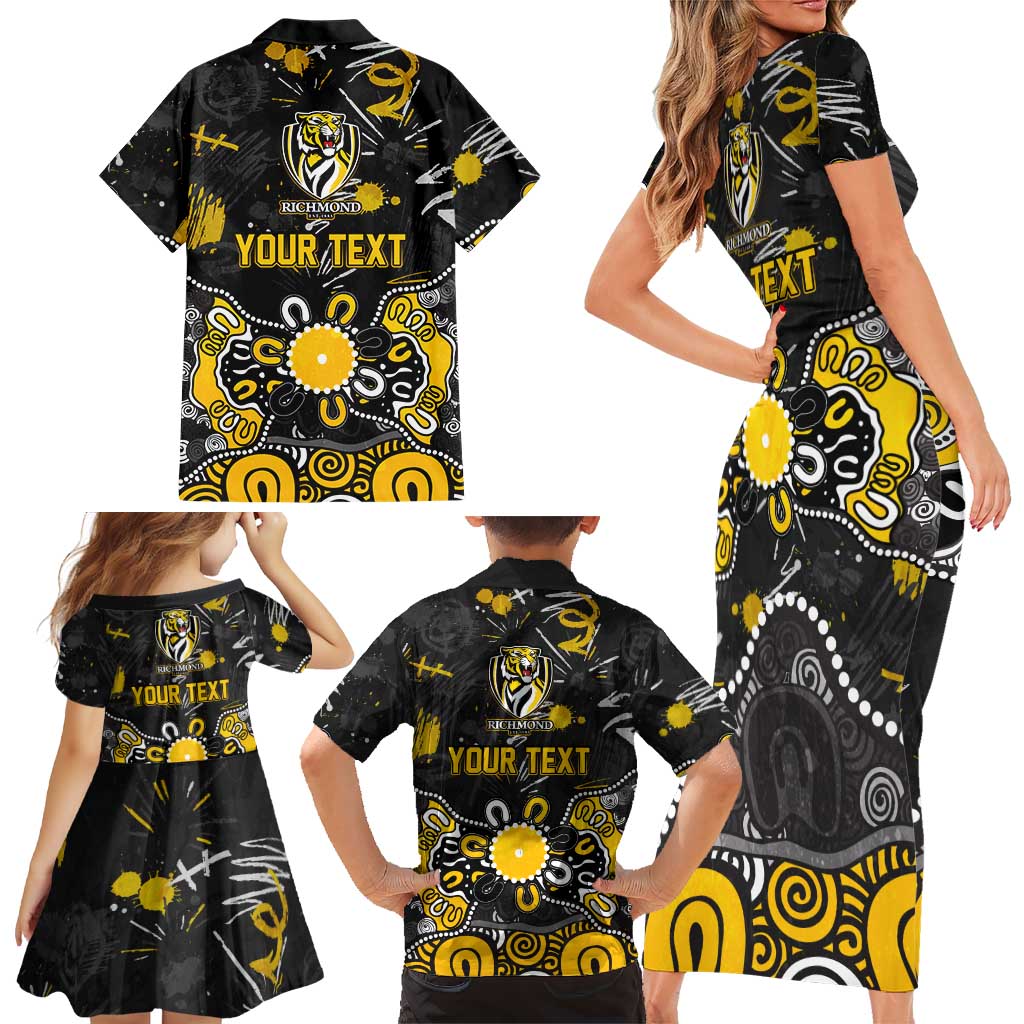 Personalized Richmond Tigers Family Matching Short Sleeve Bodycon Dress and Hawaiian Shirt Aboriginal Dot Painting Graffiti Style