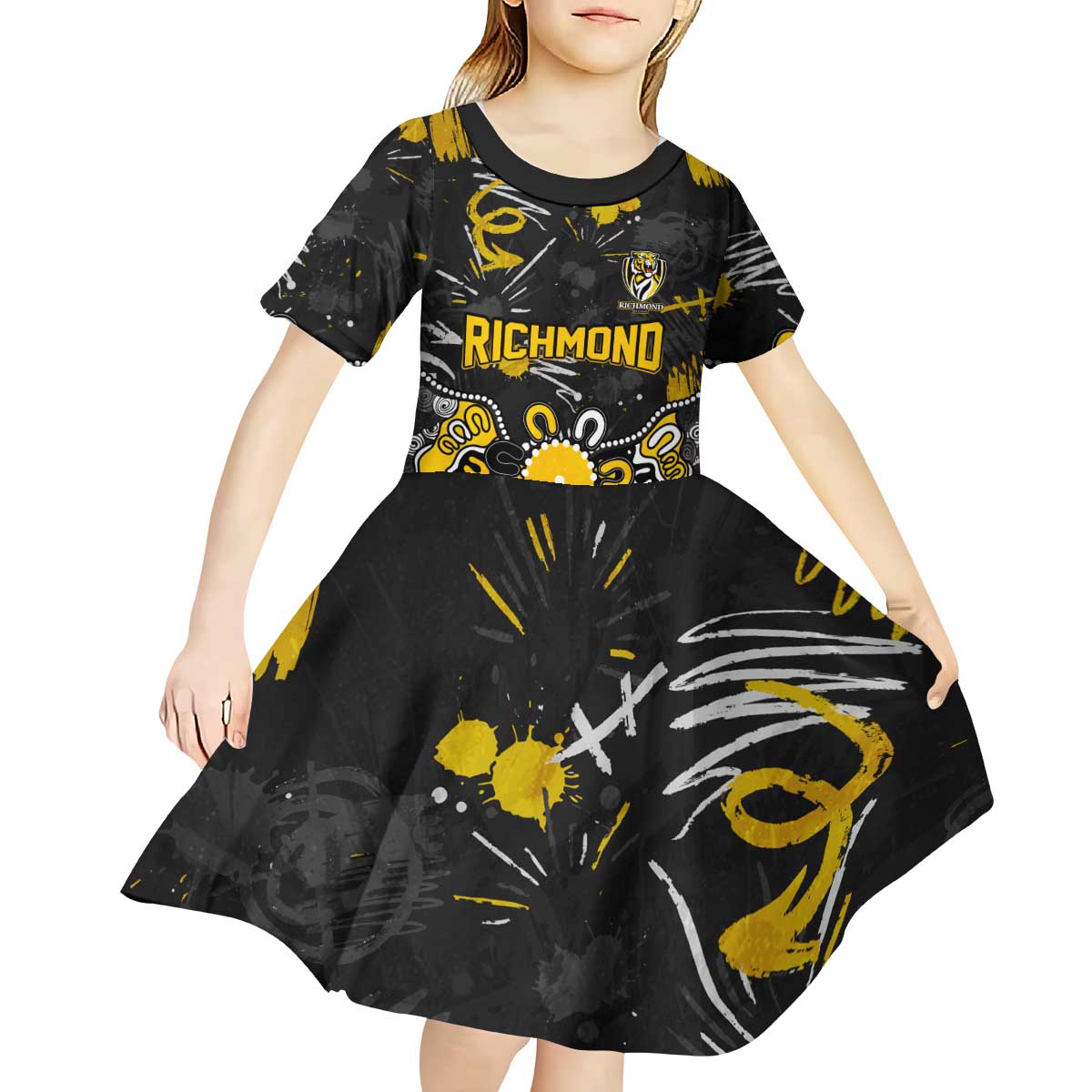 Personalized Richmond Tigers Kid Short Sleeve Dress Aboriginal Dot Painting Graffiti Style