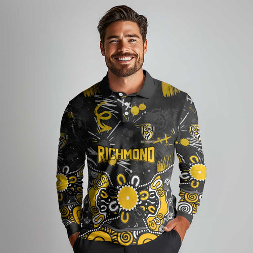 Personalized Richmond Tigers Long Sleeve Polo Shirt Aboriginal Dot Painting Graffiti Style