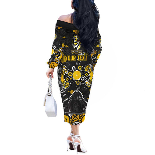 Personalized Richmond Tigers Off The Shoulder Long Sleeve Dress Aboriginal Dot Painting Graffiti Style