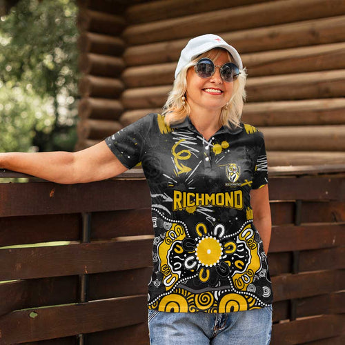 Personalized Richmond Tigers Women Polo Shirt Aboriginal Dot Painting Graffiti Style