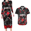 Personalized St Kilda Saints Couples Matching Long Sleeve Bodycon Dress and Hawaiian Shirt Aboriginal Dot Painting Graffiti Style