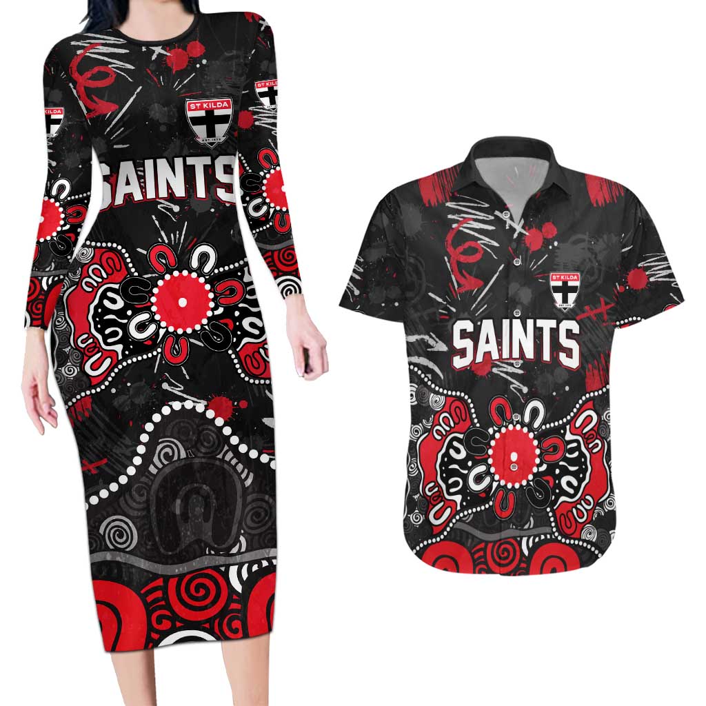 Personalized St Kilda Saints Couples Matching Long Sleeve Bodycon Dress and Hawaiian Shirt Aboriginal Dot Painting Graffiti Style