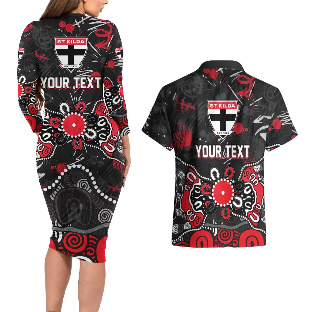 Personalized St Kilda Saints Couples Matching Long Sleeve Bodycon Dress and Hawaiian Shirt Aboriginal Dot Painting Graffiti Style